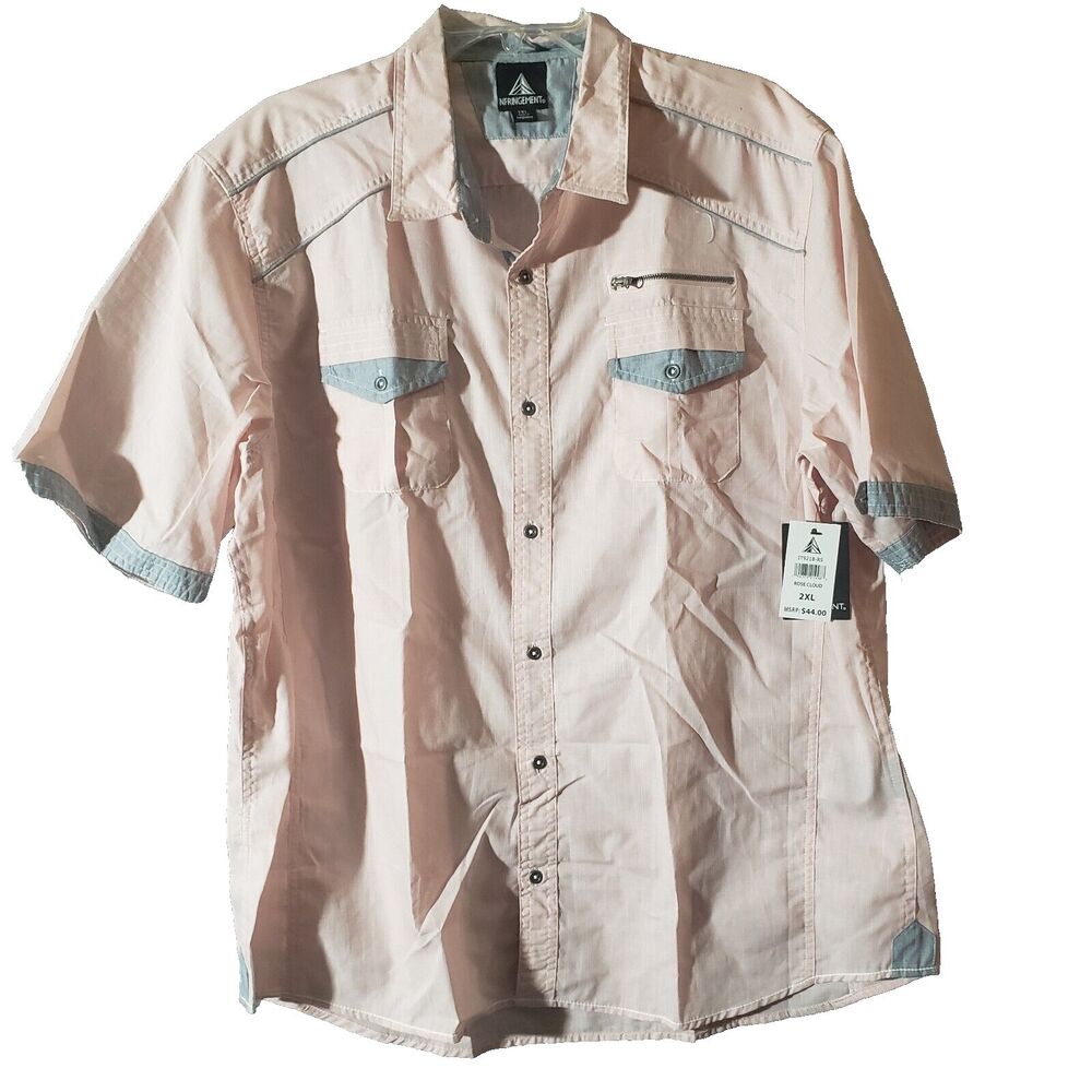INFRINGEMENT Button Up Pink XXL 2X Short Sleeve 2 Pockets Flip Sleeve Zip Button
